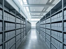 灰色の書類箱が奥まで並ぶ書庫