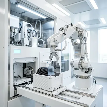 白い装置の中でウェハーを持ち上げるロボットアーム